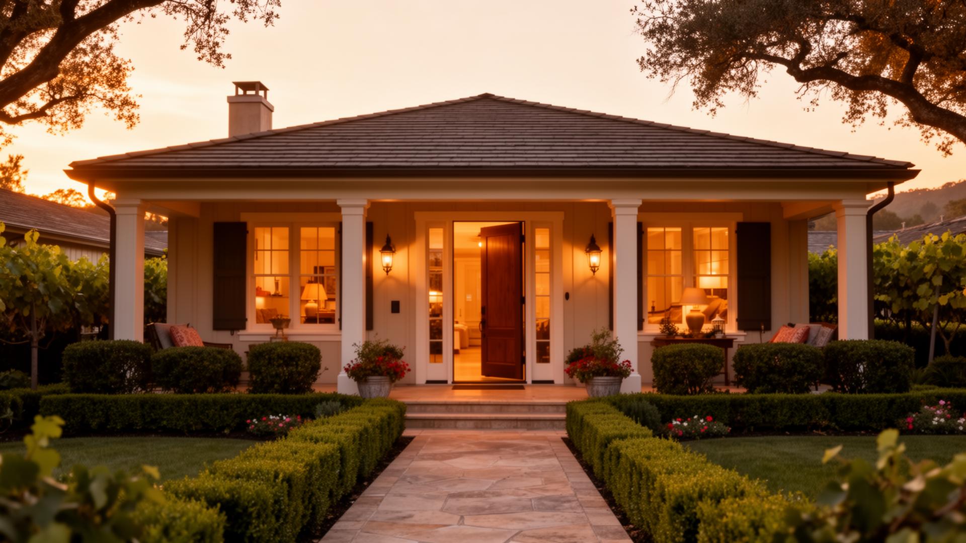 Welcoming front entrance of a Sonoma wine country home at golden hour