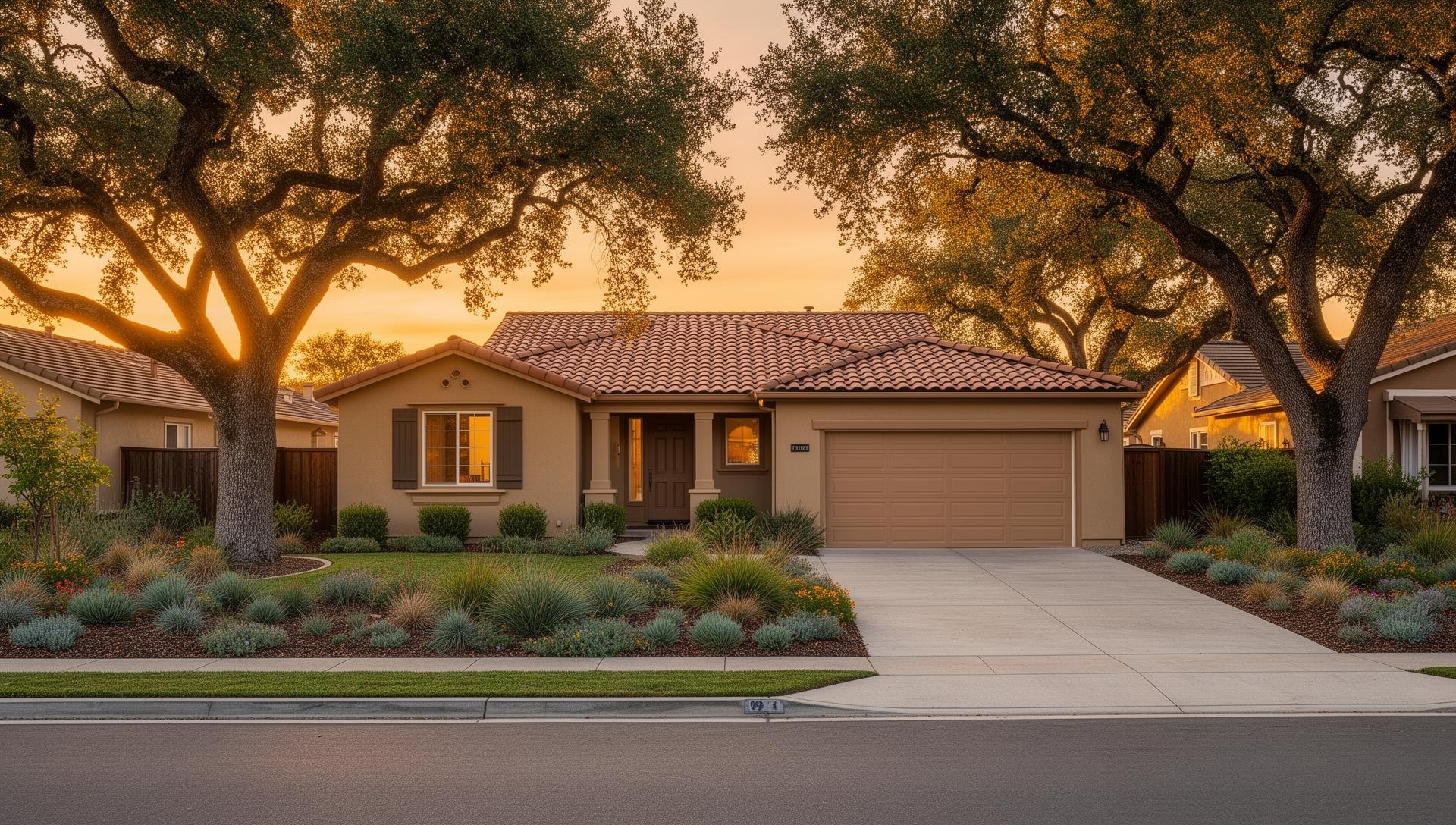 Beautifully staged luxury home exterior in Wine Country at twilight